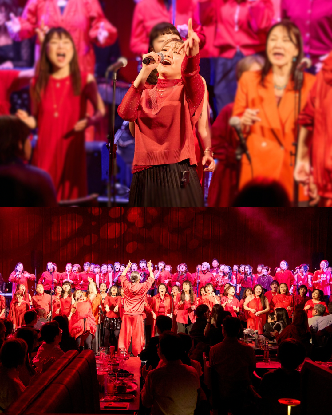 ビルボードライブ横浜のステージで、ソウルバードミュージックスクールのゴスペル生がリードボーカルを務め、ライブパフォーマンスを披露しているコンサート風景