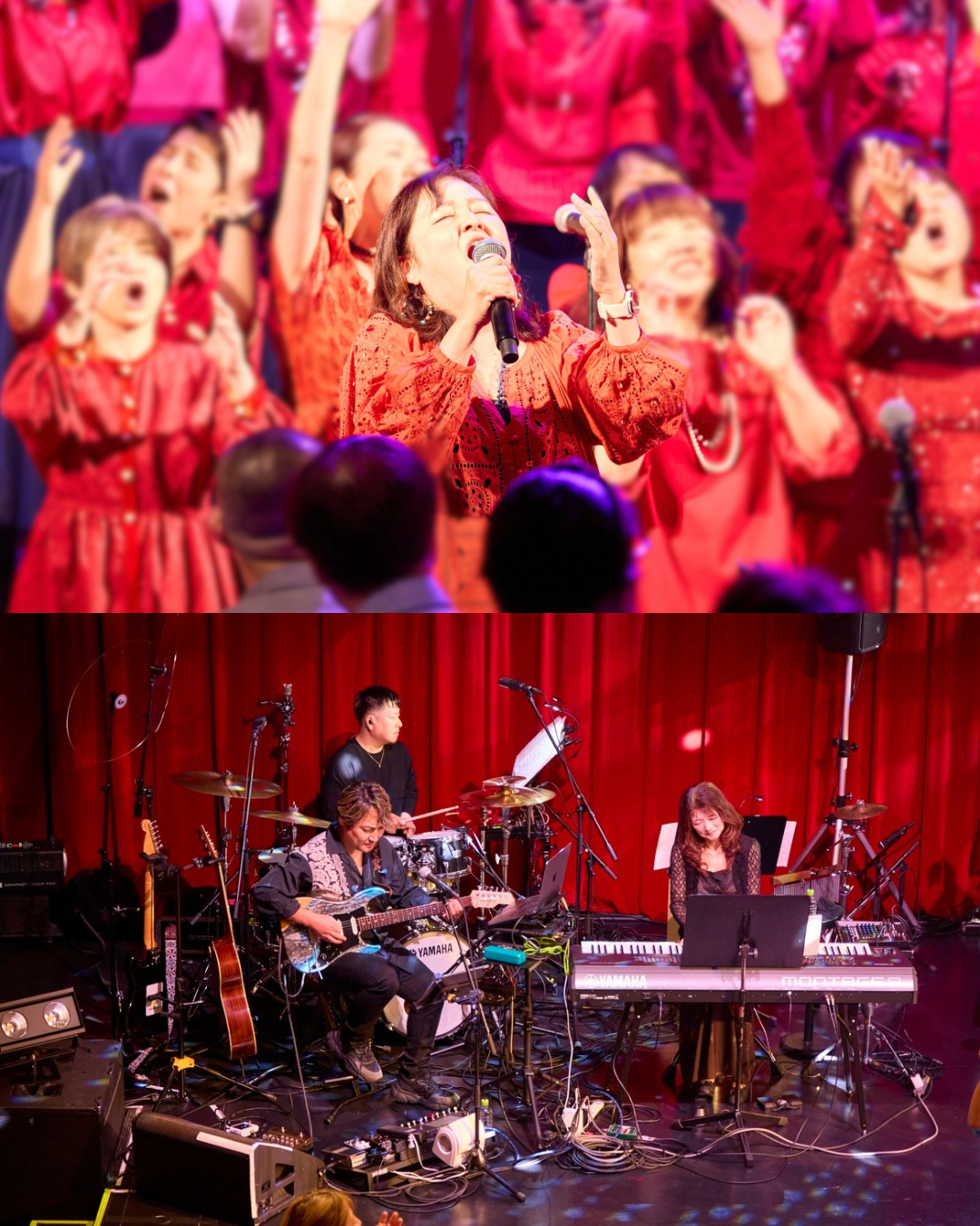 ビルボードライブ横浜のステージで、ソウルバードミュージックスクールの講師がリードボーカルを務め、バンドとともに演奏しているコンサート風景