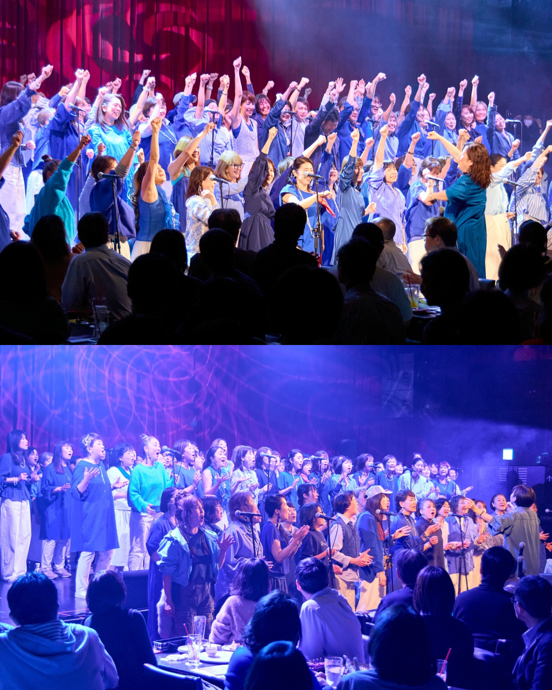 ビルボードライブ横浜のステージで、ソウルバードミュージックスクールのポピュラーハーモニーコース生が複数の声でハーモニーを響かせ、観客の前でライブ演奏を披露している様子