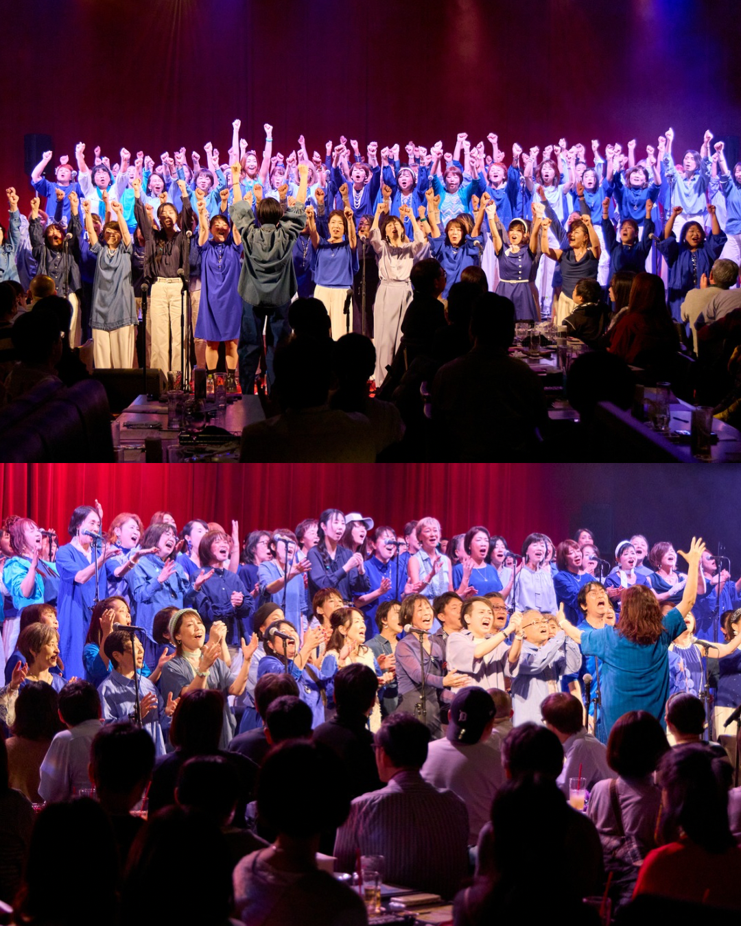 ビルボードライブ横浜のステージで、ソウルバードミュージックスクールのポピュラーハーモニーコース生がハーモニーを奏でるパフォーマンスを披露しているコンサート風景