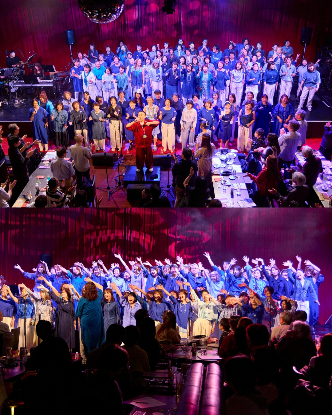 ビルボードライブ横浜のステージで、ソウルバードミュージックスクールのポピュラーハーモニーコース生がハーモニーを奏でるパフォーマンスを披露しているコンサート風景