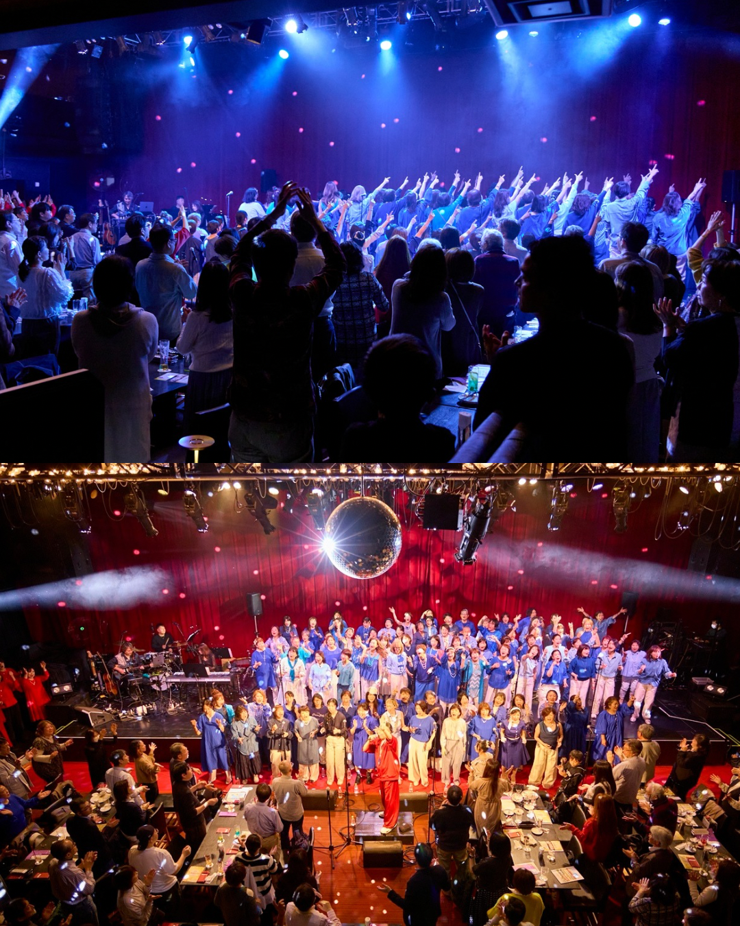ビルボードライブ横浜のステージで、ソウルバードミュージックスクールのゴスペル生とポピュラーハーモニーコース生が全員でハーモニーを響かせ、コンサートを締めくくる様子